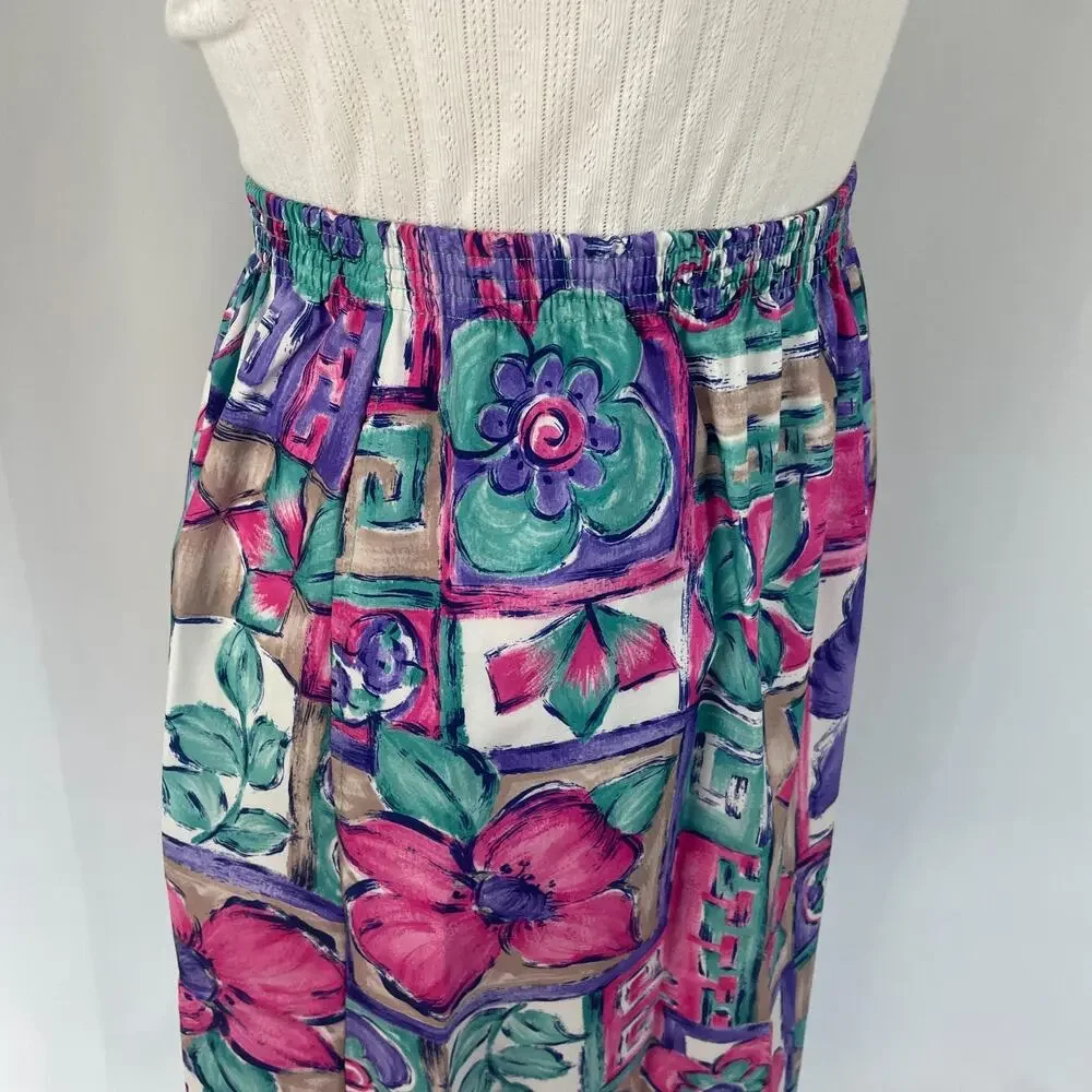 Vintage Midi Skirt Size Medium Pink Purple Floral Boho A Line Pull On Retro 90s